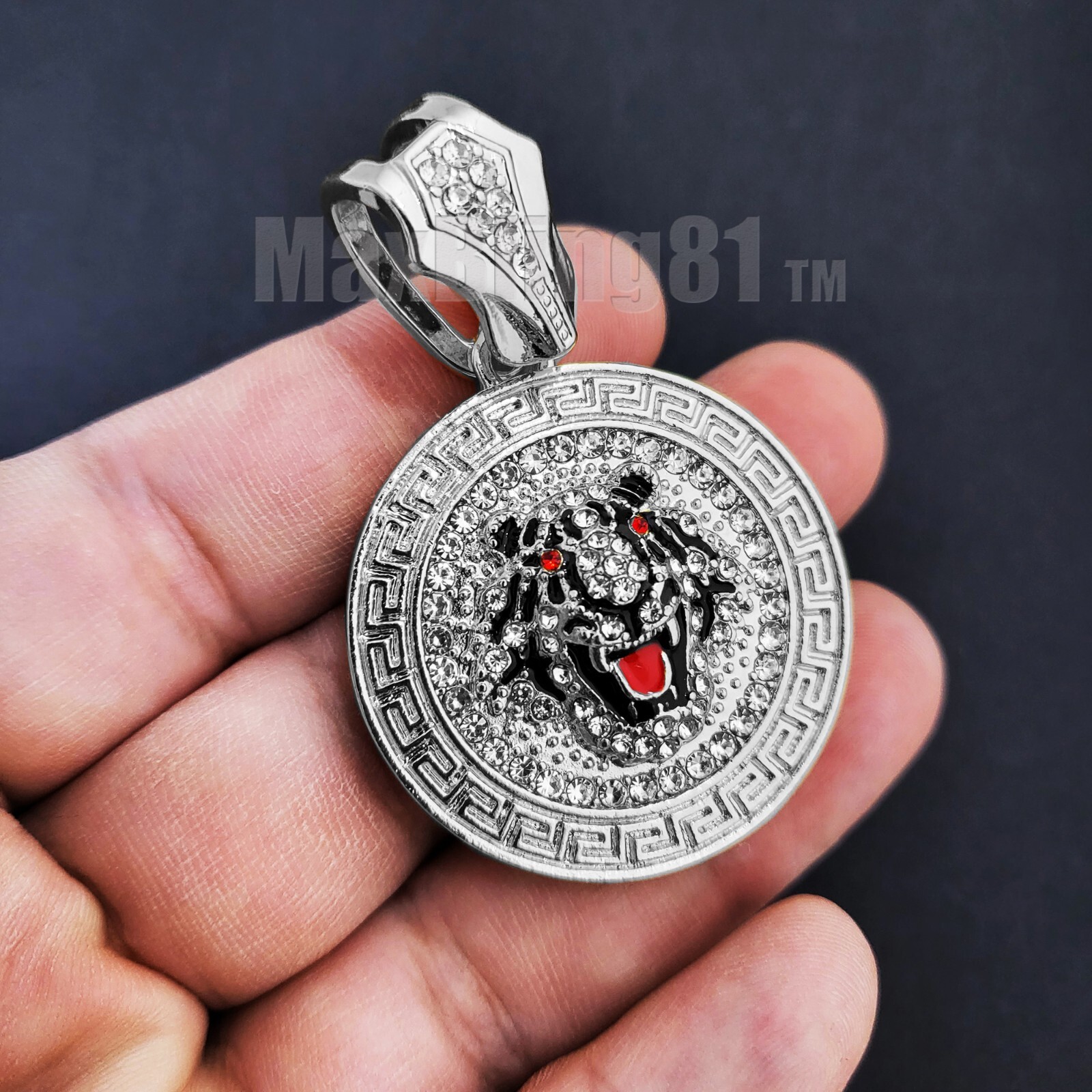 Iced Silver plated Alloy Cubic Zirconia Tiger Pendant & Cuban Chain Necklace