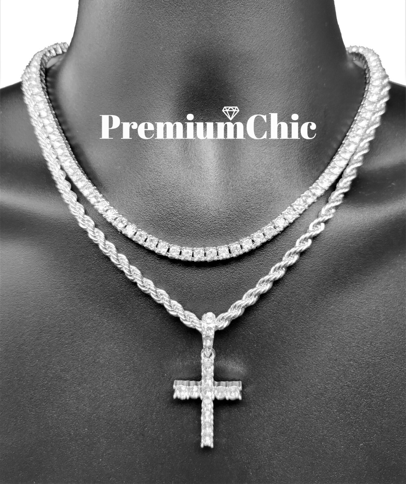 3pc SET, Tennis Choker Rope Chain, Cross Pendant Gold Plated Hip Hop CZ Jewelry