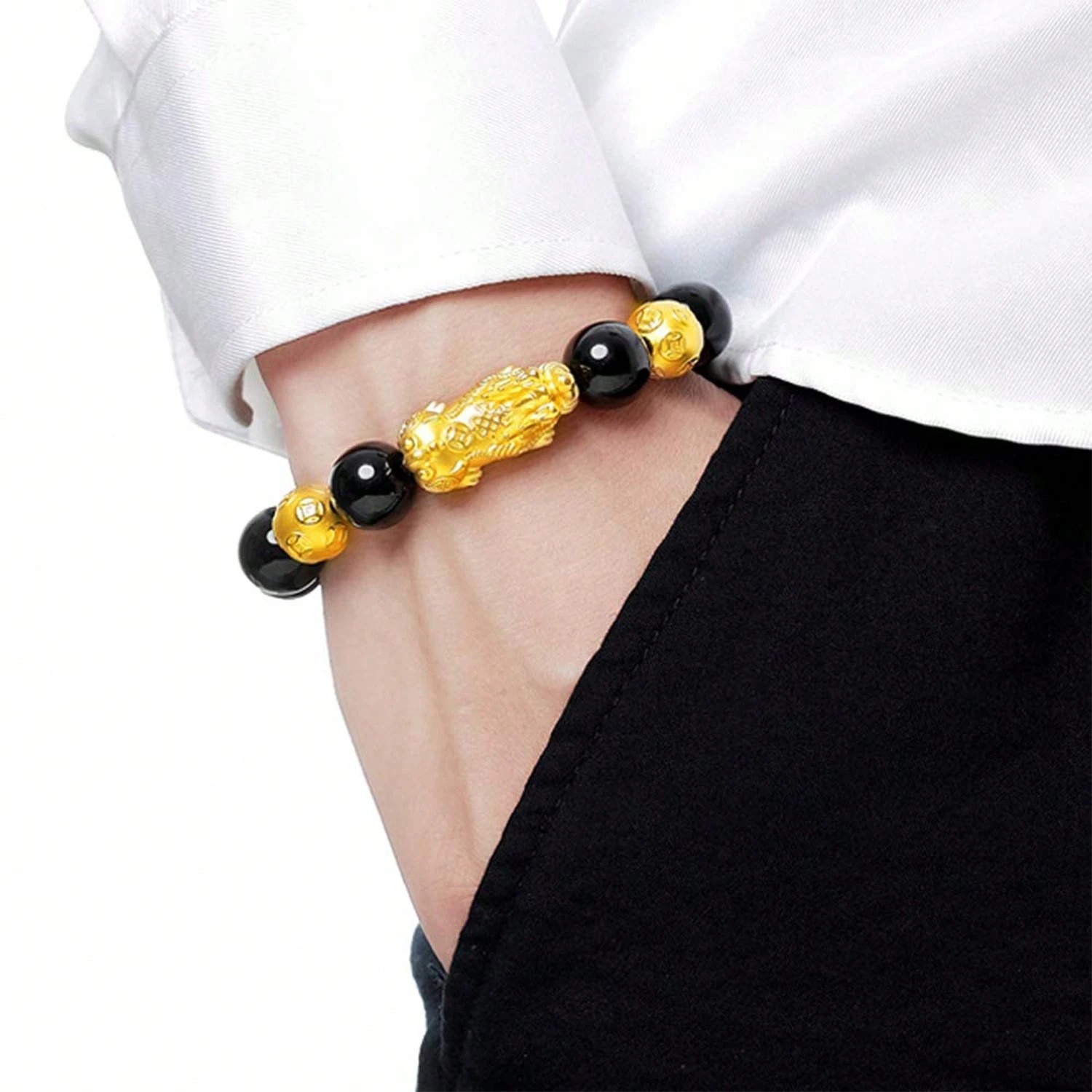 Feng Shui Black Obsidian Beads Bracelet Attract Wealth & Good Luck Bangle Pixiu