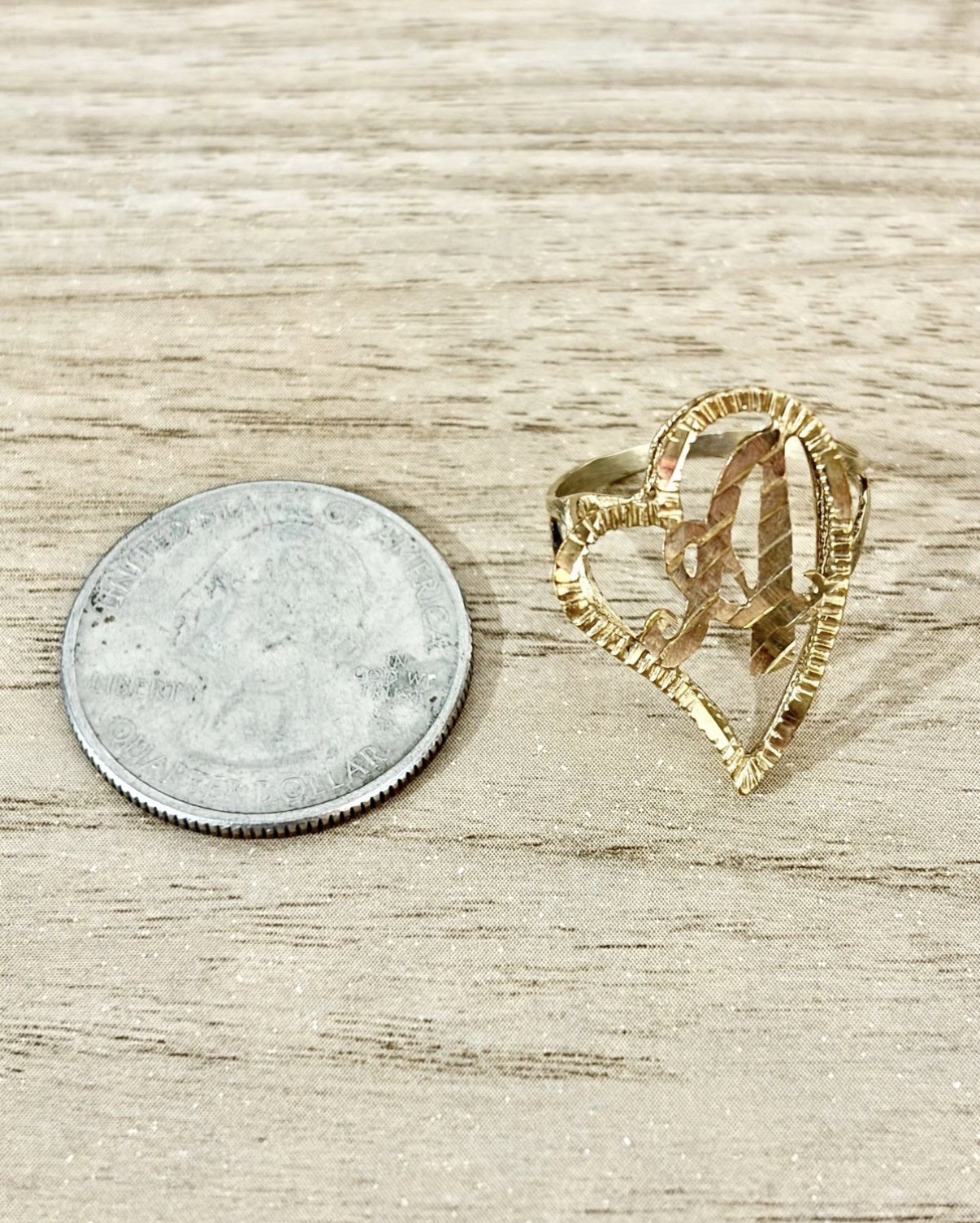 10K Yellow Gold Vintage Large Diamond Cut Initial A Heart Size 7 Ring