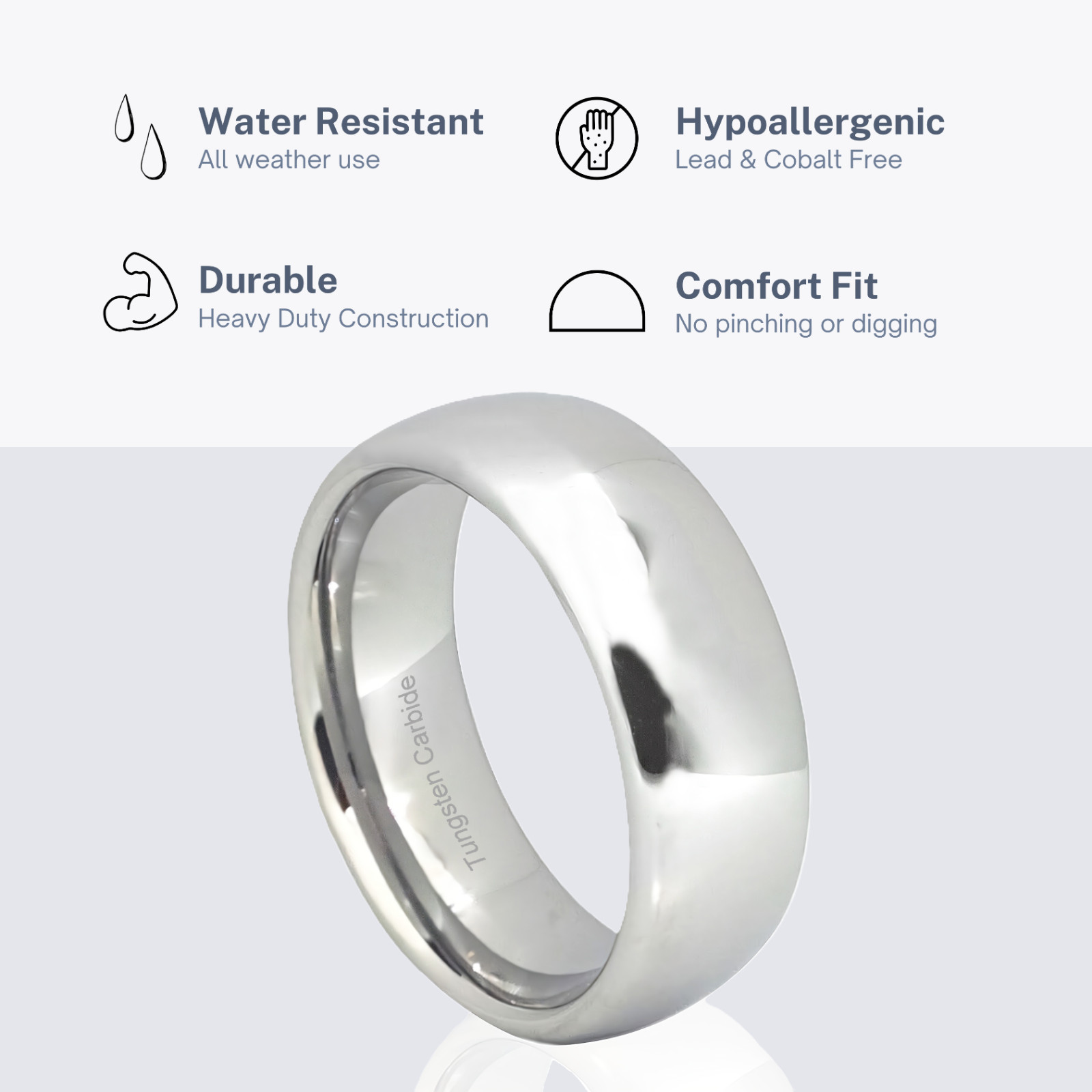 Silver Tungsten Carbide Dome Wedding Band Mens Womens Comfort Fit Promise Ring