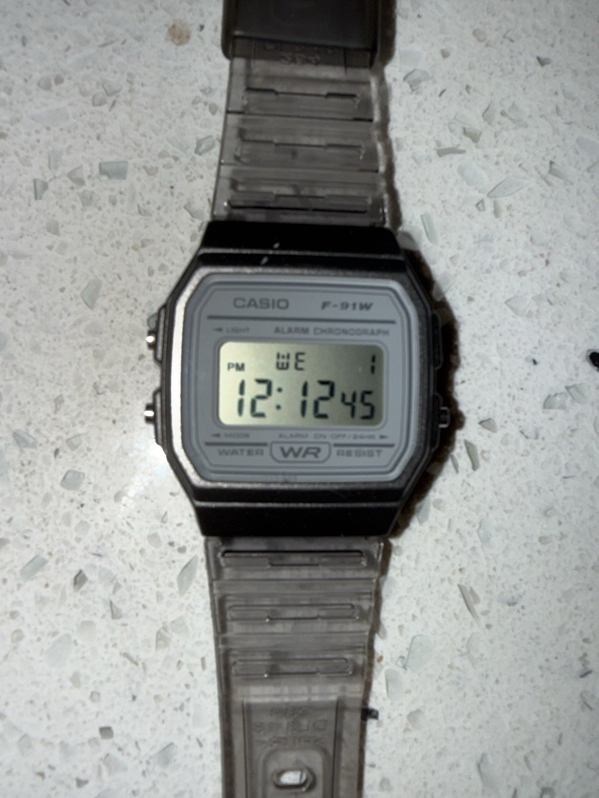Casio F-91W Digital Quartz Watch Black Resin Case Gray/Clear Strap Alarm