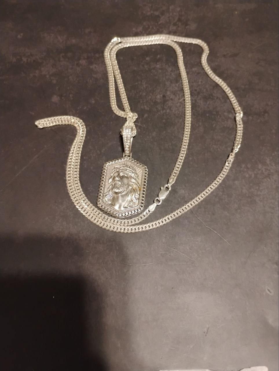 925 Sterling Silver Jesus Head Pendant + 30” Double Curb Chain 3.5mm Italy 24.7g