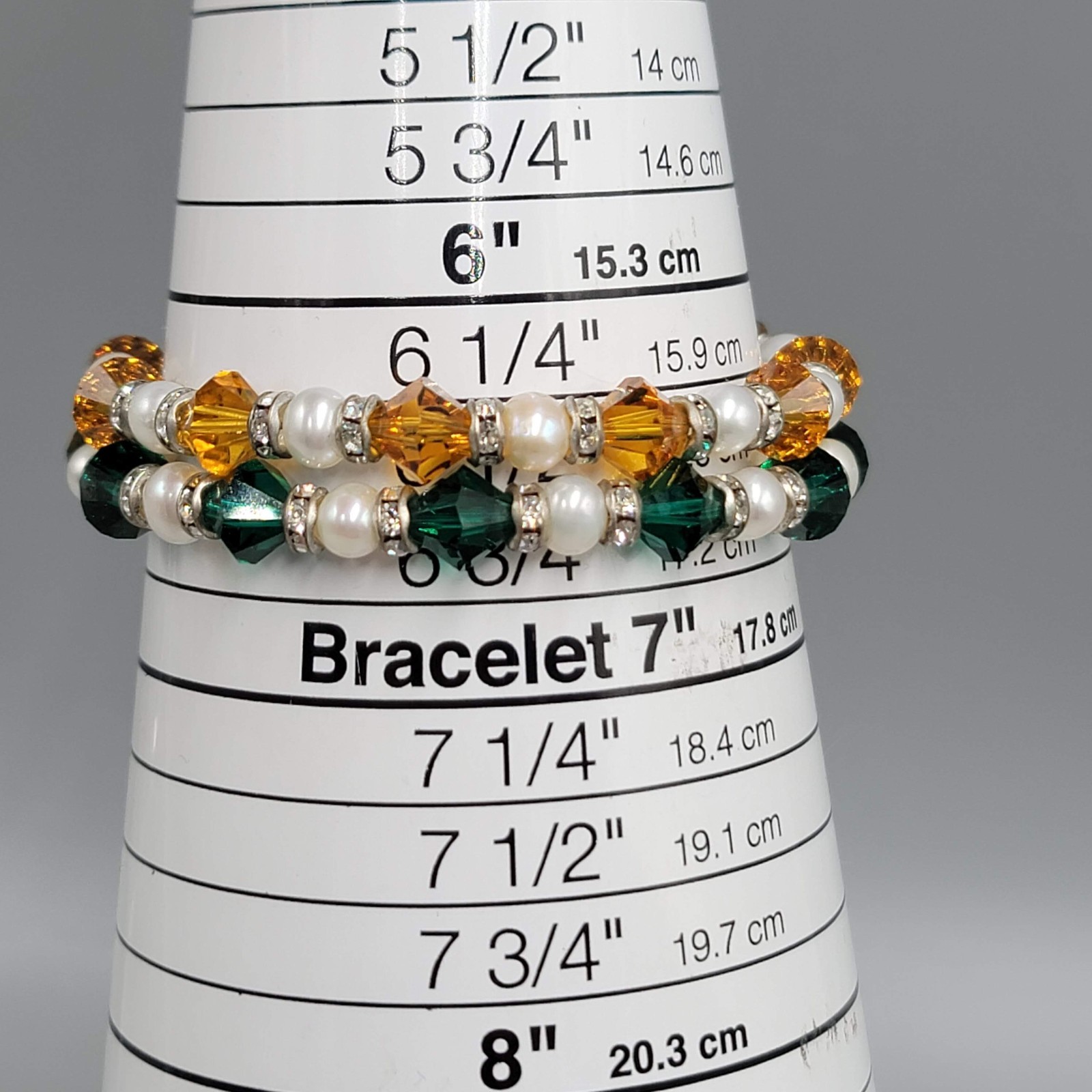 Beaded Bicone Crystal Green Orange Double Strand Bracelet Silver tone Toggle 6.5