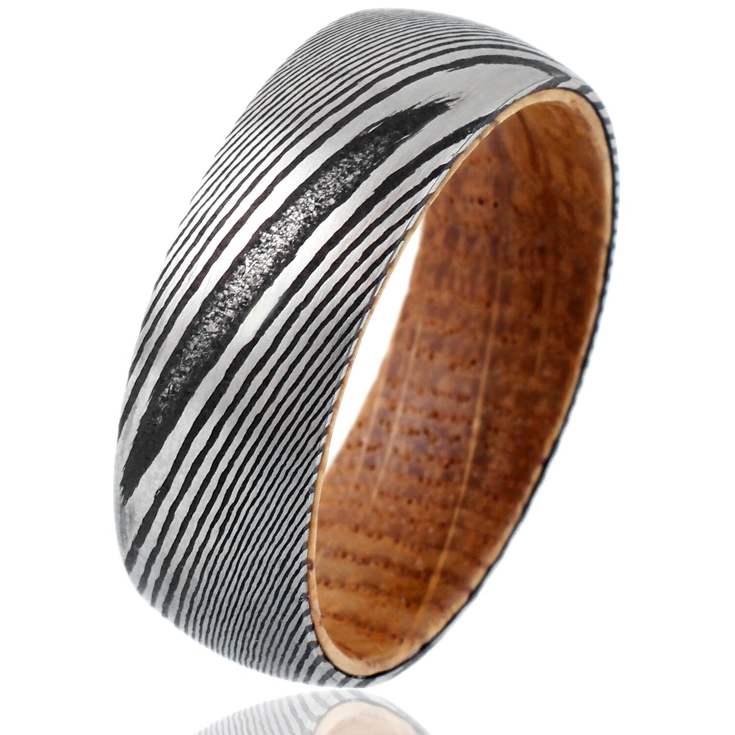 8mm Men’s Black Damascus Steel with Whiskey Barrel Wood Sleeve Wedding Band Ring