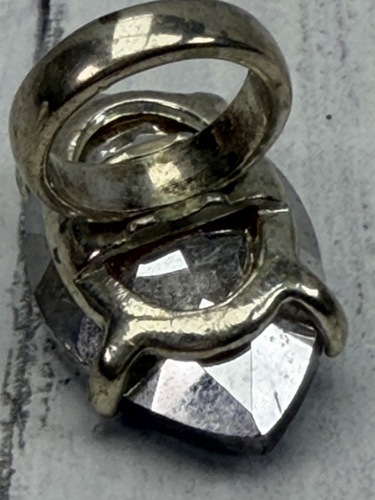 Large Rainbow Foil Backed Crystal Pear Cut Silver Tone Statement Ring Size 5