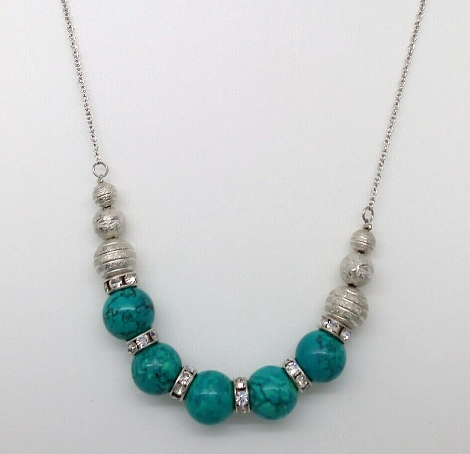 Green and Black Bead Rhinestone Chain Necklace Silver Tone Metal Clear Crystals