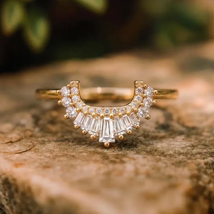 Tapered Baguette Moissanite Curved Band, Art Deco Stacking Ring, Promise Ring