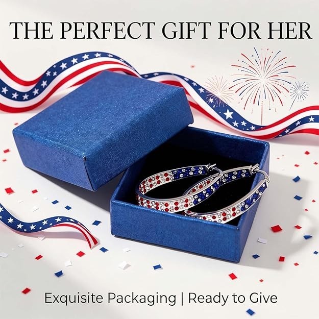 American Flag Red White Blue Crystal Hoop Earrings for Womens
