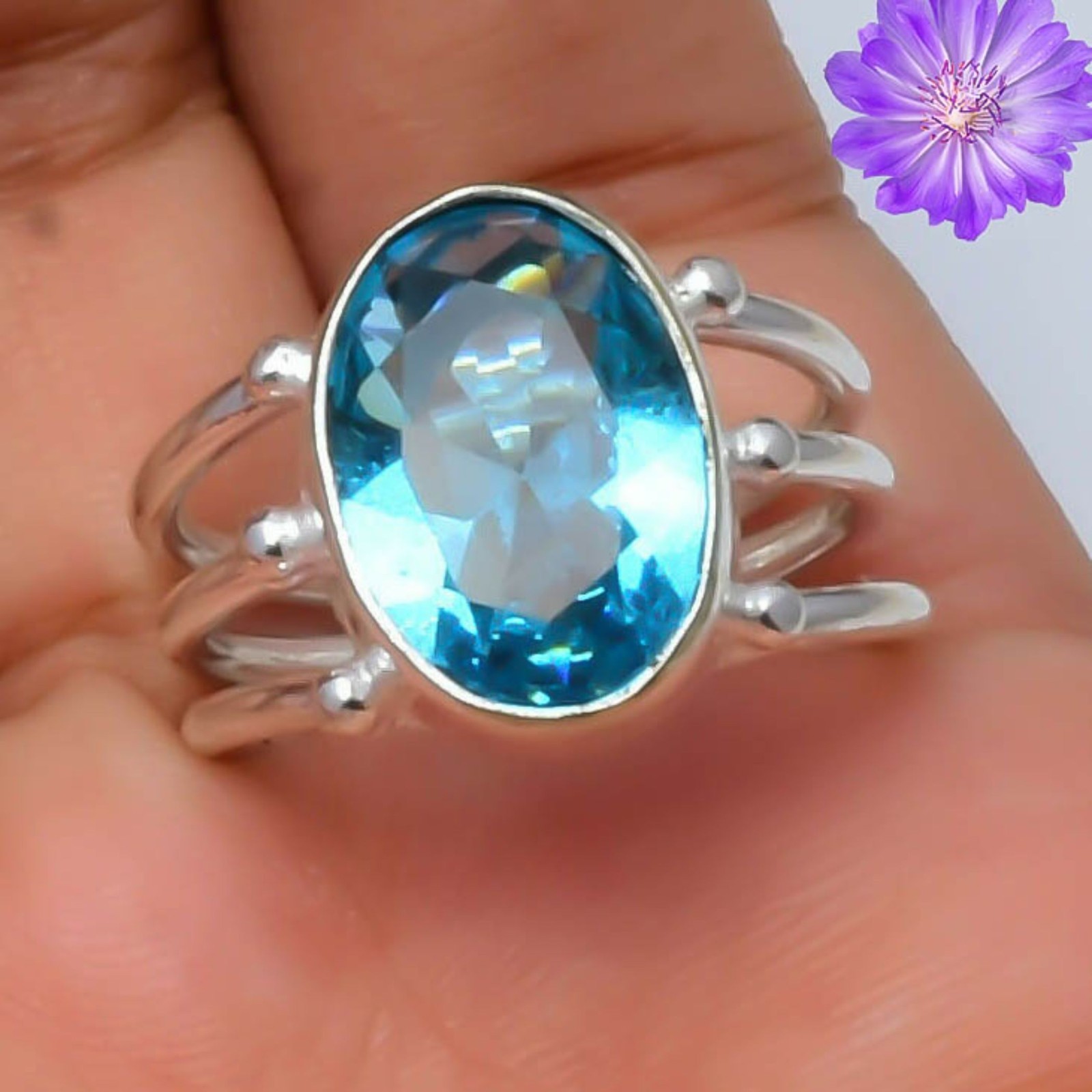 Swiss Blue Topaz Gemstone Handmade 925 Sterling Silver Jewelry Ring All Size