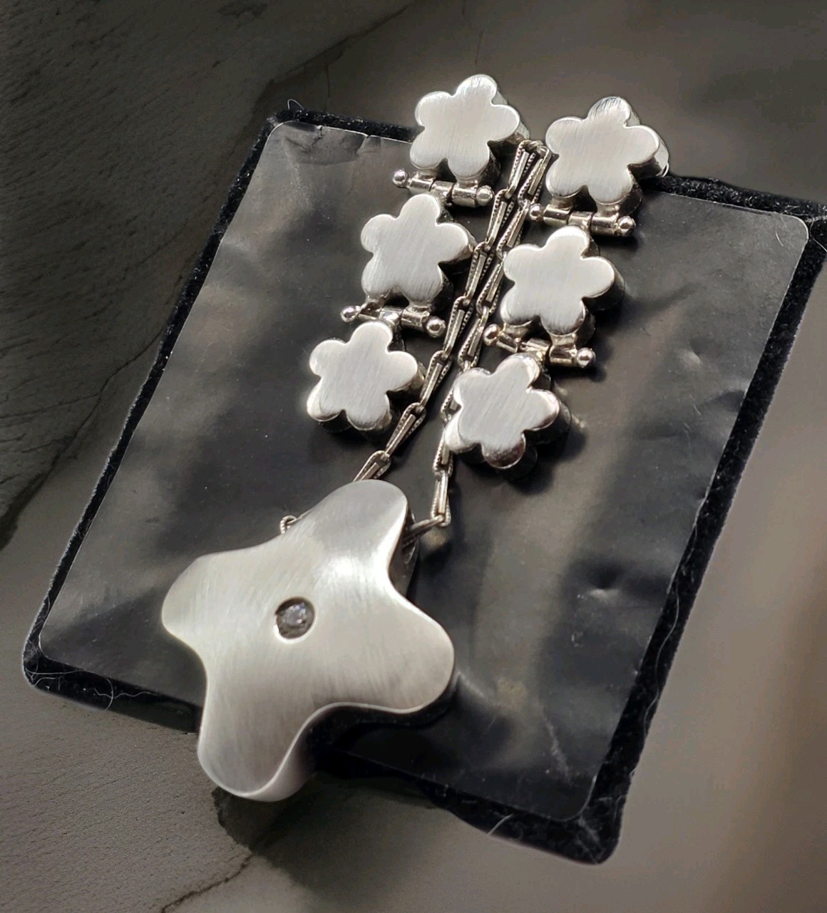 Italian 925 Sterling Silver Floral Necklace & Earrings Set Satin Brushed Modern