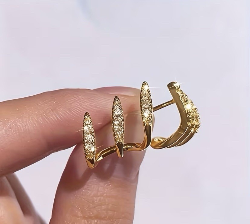 Gold Tone Crystal Hoop Earrings Rhinestone Triple Layer Fashion Earrings .