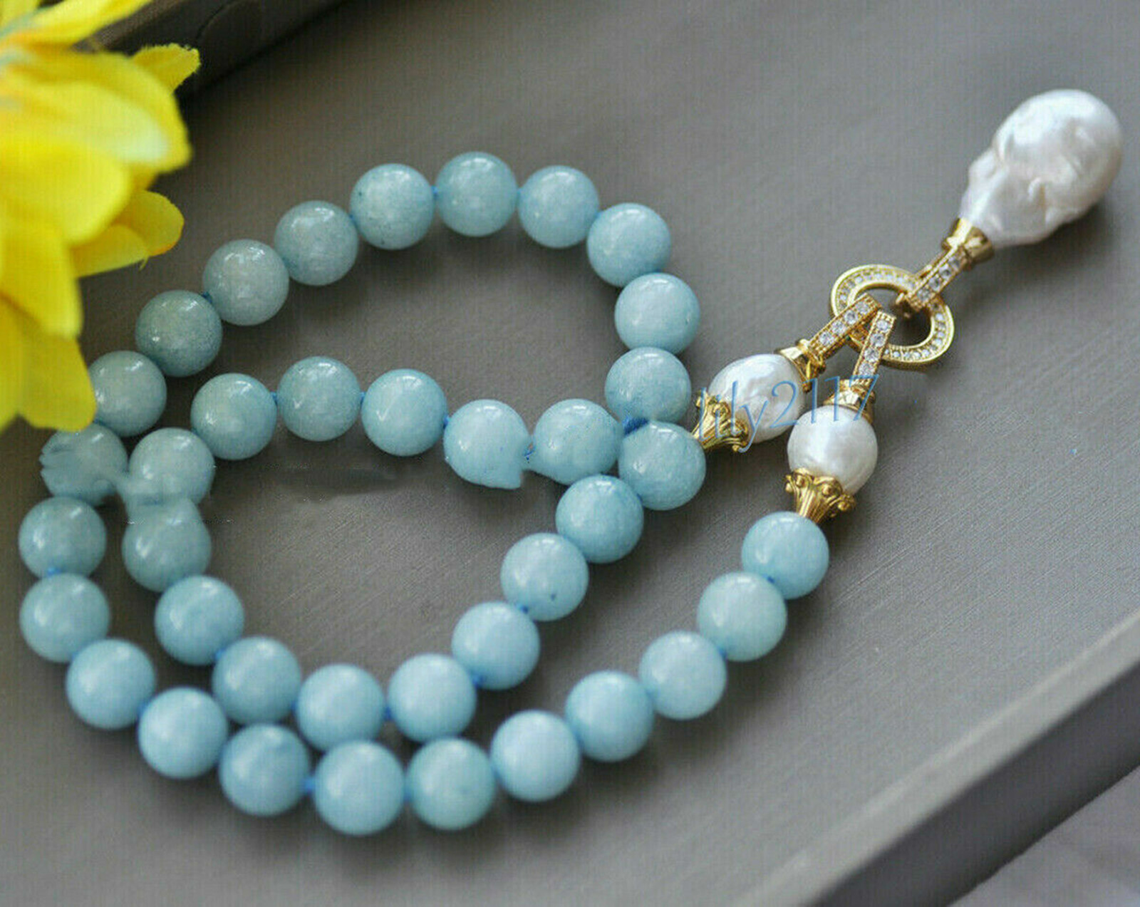 Natural Blue Aquamarine Gems Beaded White Keshi Baroque Pearl Pendant Necklace