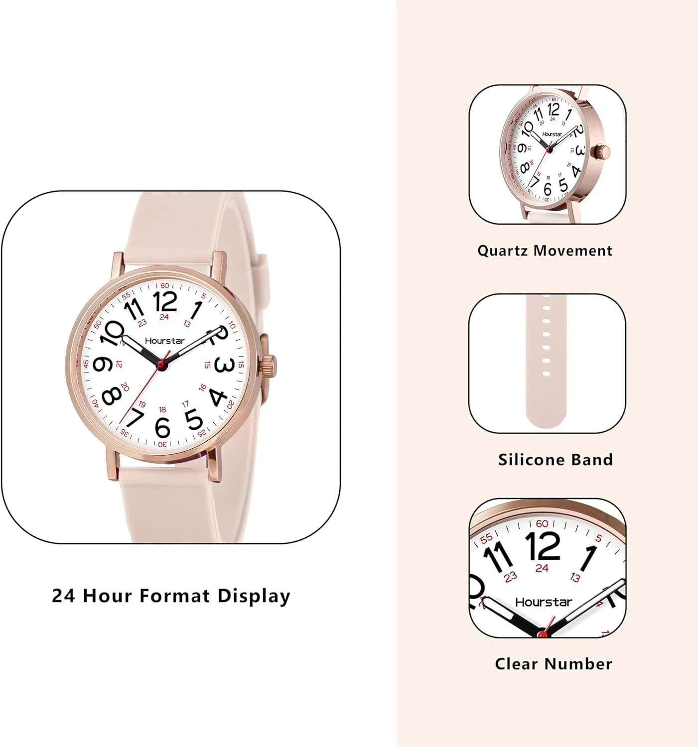 Women’s Analog Nurse Watch with Second Hand for Nursing, 12/24 Time, Silicone Ba