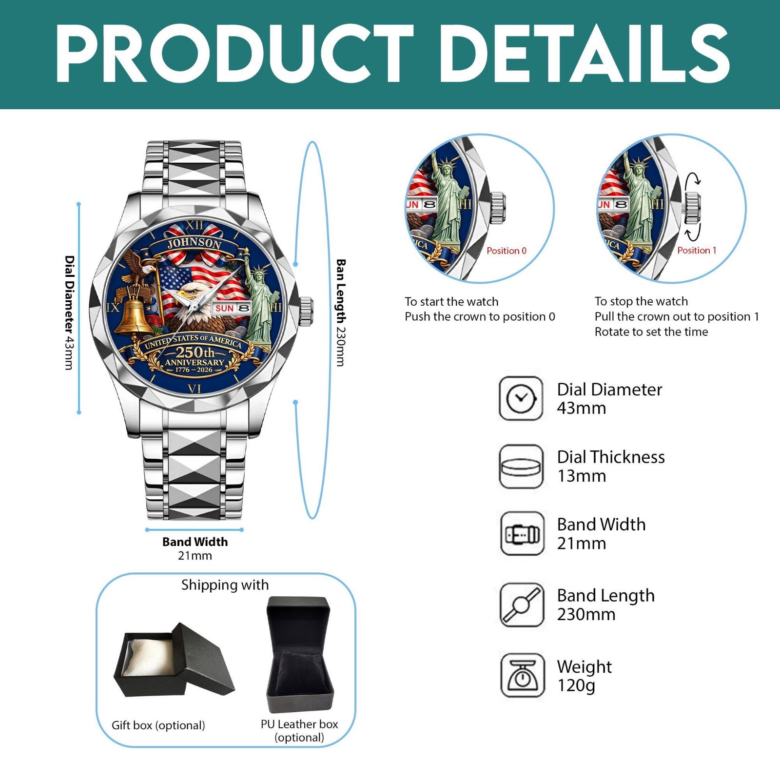 Custom USA 250th Anniversary Luxury Watch Patriotic Timepiece Independence Gift