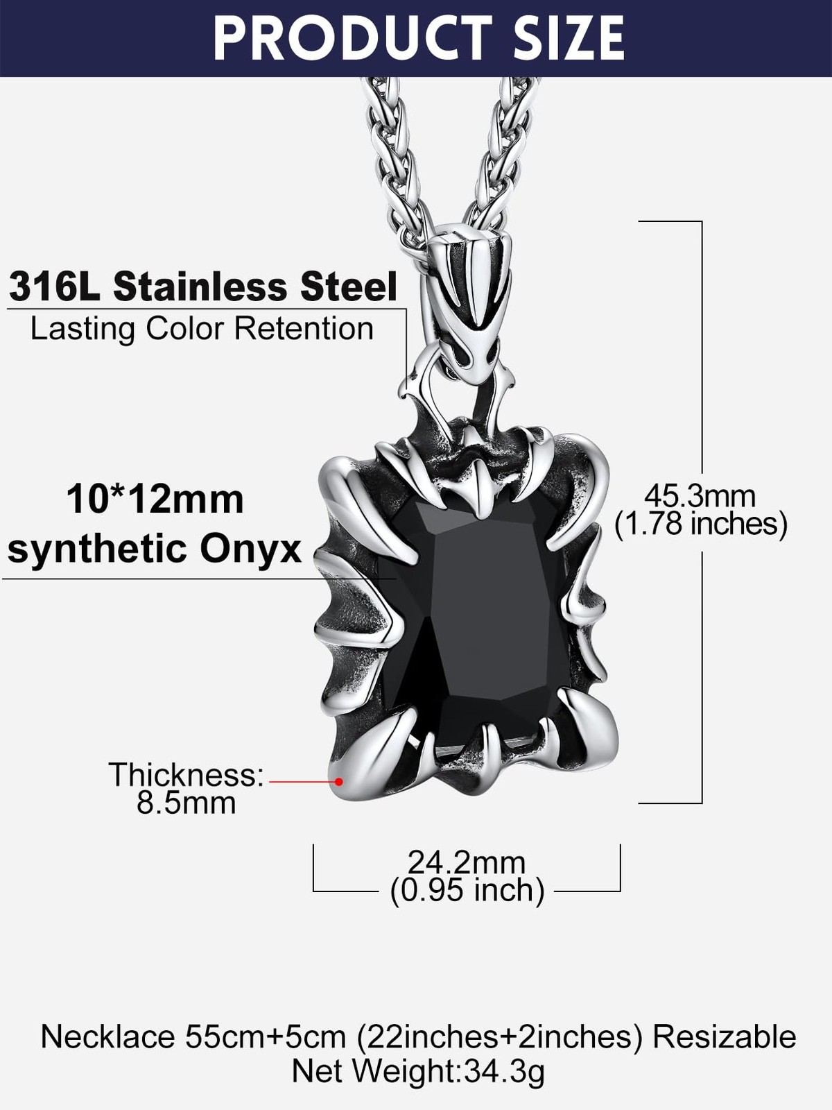 Bandmax Stainless Steel Dragon Claw Pendant Necklace for Men Women Black Onyx…
