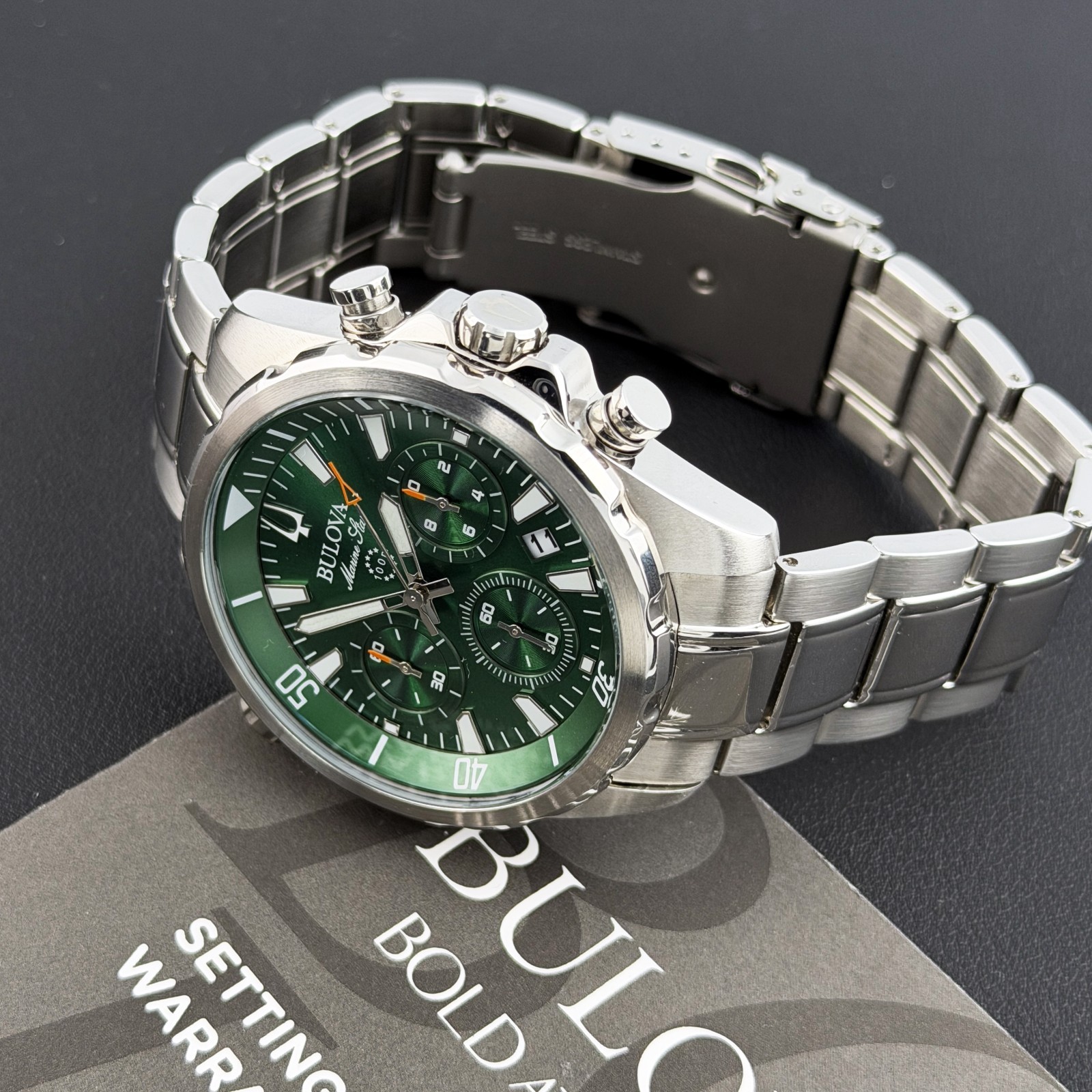 Men’s Bulova Marine Star Green Dial Chronograph 96B396 Quartz New Watch 43mm