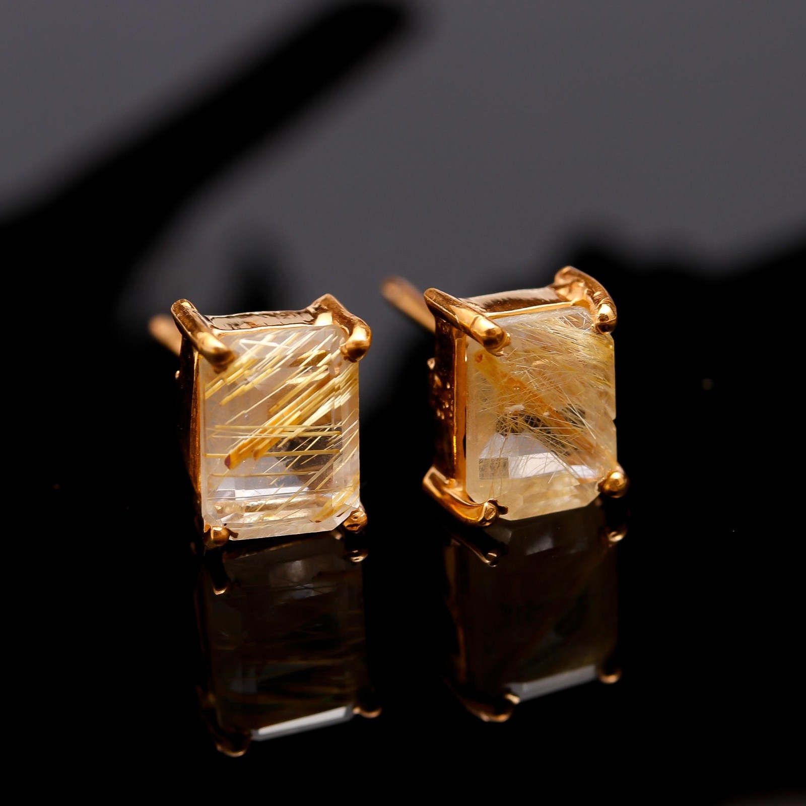Natural Golden Rutile Octagon Stud Earring Gold Fill 925 Sterling Silver Jewelry