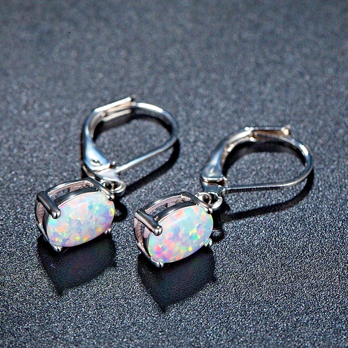 White Fire Opal Drop Earrings Sterling Silver Dainty Minimalist Women Jewelry