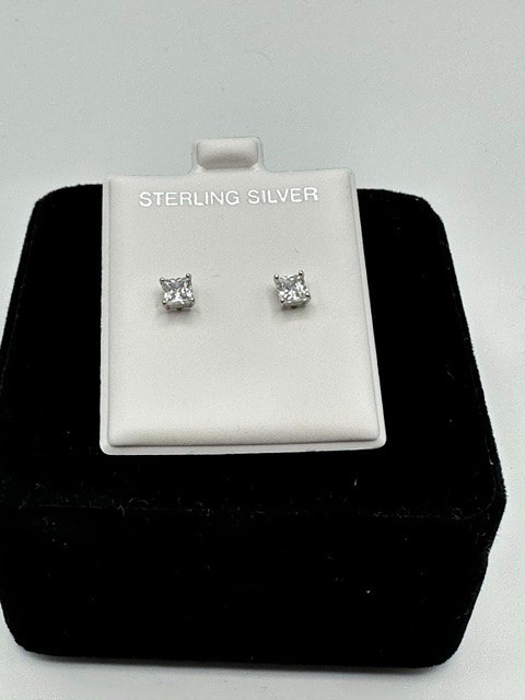 4.3mm Princess Cut CZ Stud Earrings 925 Sterling Silver Solitaire Studs