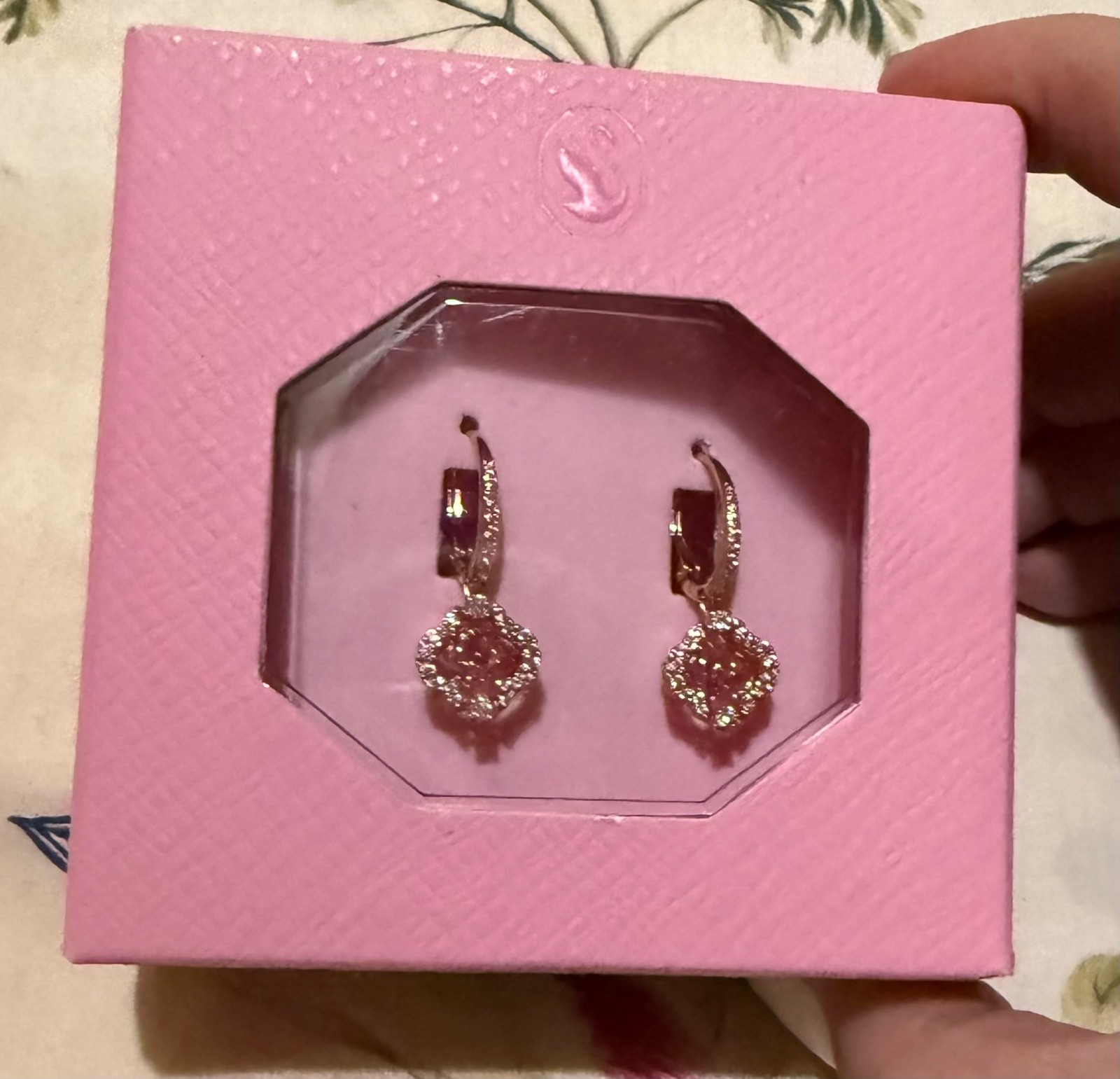 New SWAROVSKI Una Drop Earrings Clover Design with Pink Drop 18K Rose Gold