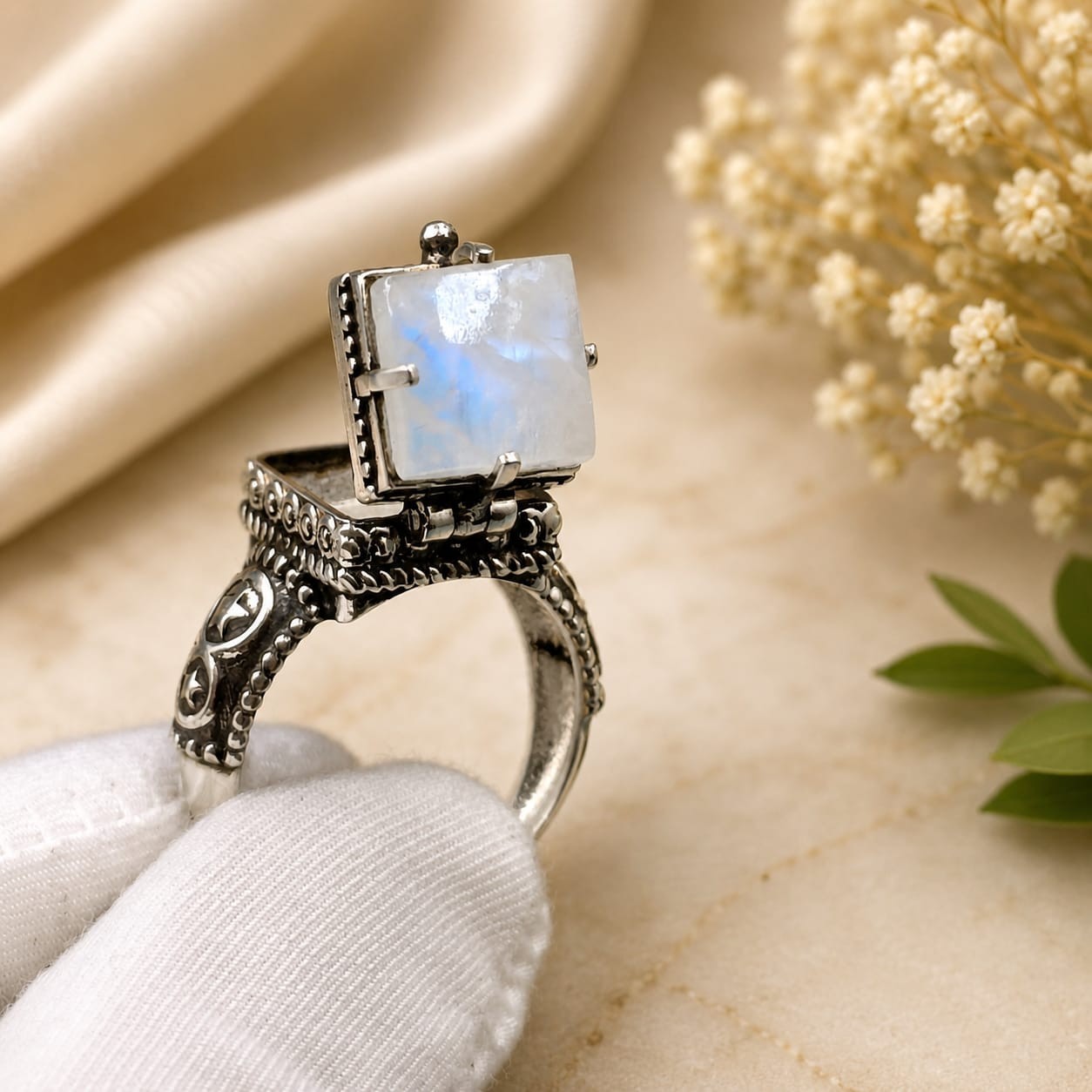 Natural Moonstone Poison Ring | Handmade 925 Sterling Silver Box Ring