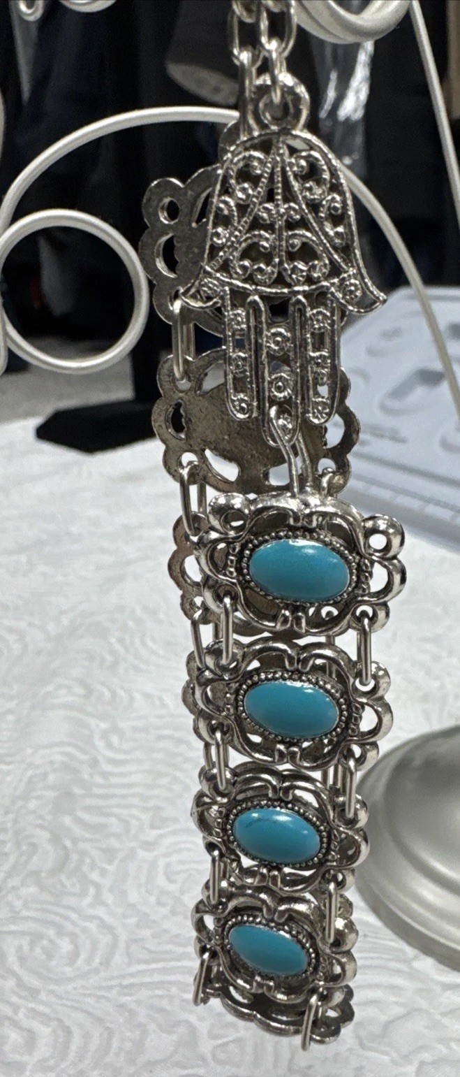 Vintage 1960’s Souvenir De Maroc Bracelet Morocco Hamsa Turquoise Stones 7”