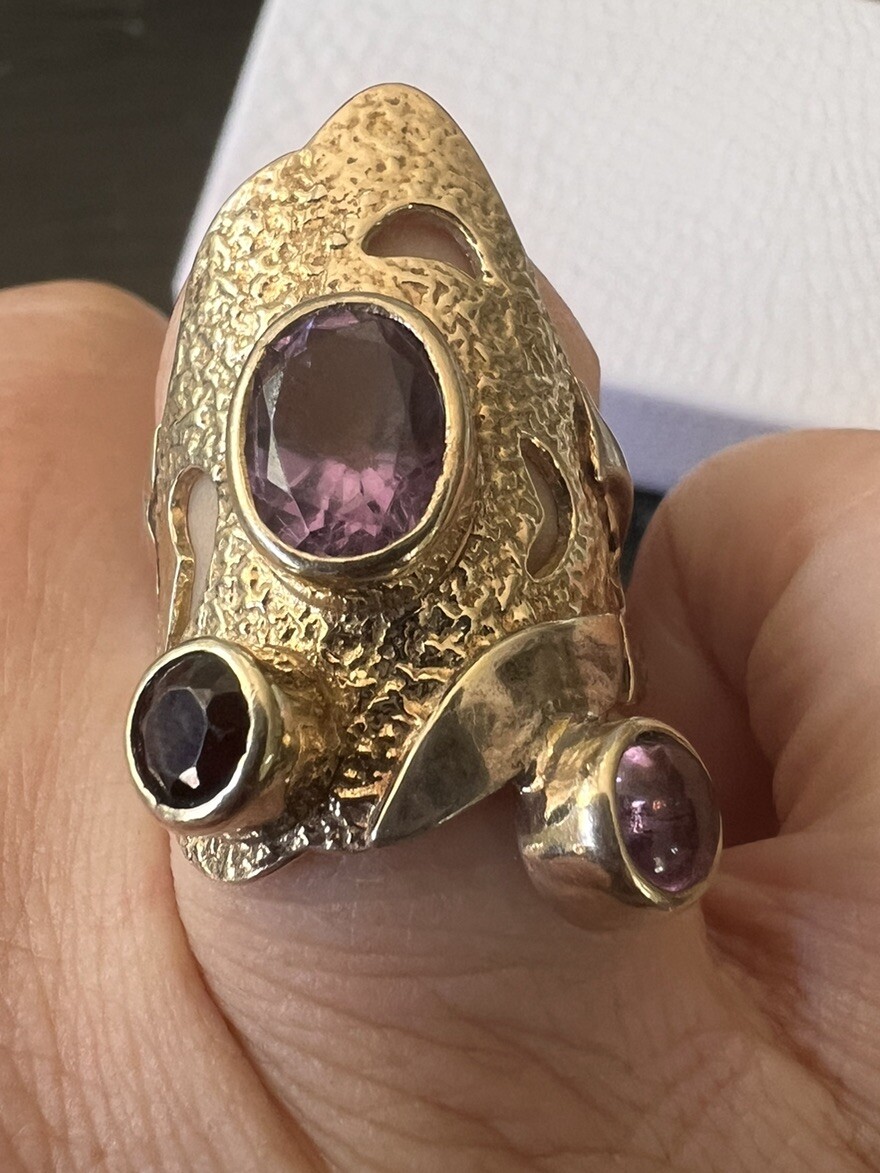 Unique Artisan Signed Yes Two Toned Sterling 925 Amethyst Garnet Wide Band Ring