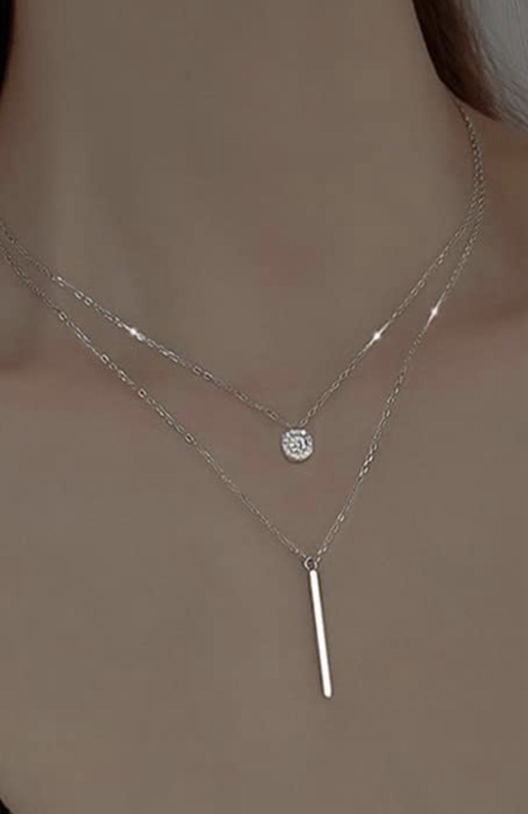 Full Zircon Shiny Long Pendant Silver Clavicle Chain Double Layer Necklace