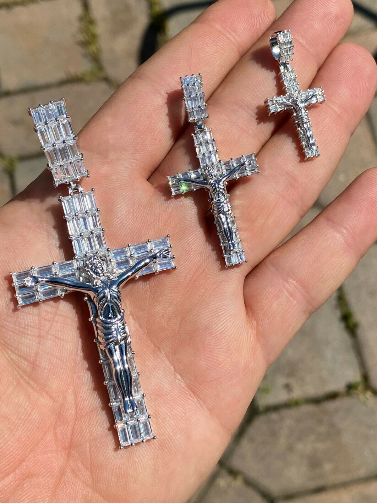 Solid 925 Sterling Silver Cross W. Jesus Pendant Baguette Iced CZ Necklace Big