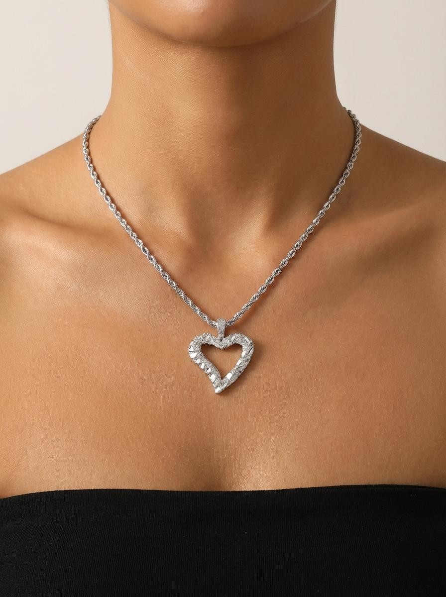 Silver Nugget Heart Necklace: 3mm Fremch Rope Chain, Lifetime Replacement Guaran