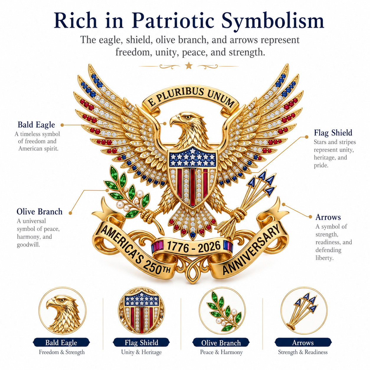 US 250th Anniversary Brooch Pin,Patriotic Eagle Rhinestone Lapel Pin Souvenir
