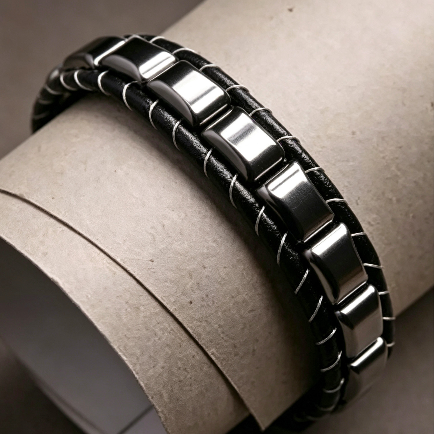 Natural Hematite Bracelet Mens Black Leather Braid Magnetic Healing Jewelry 8″