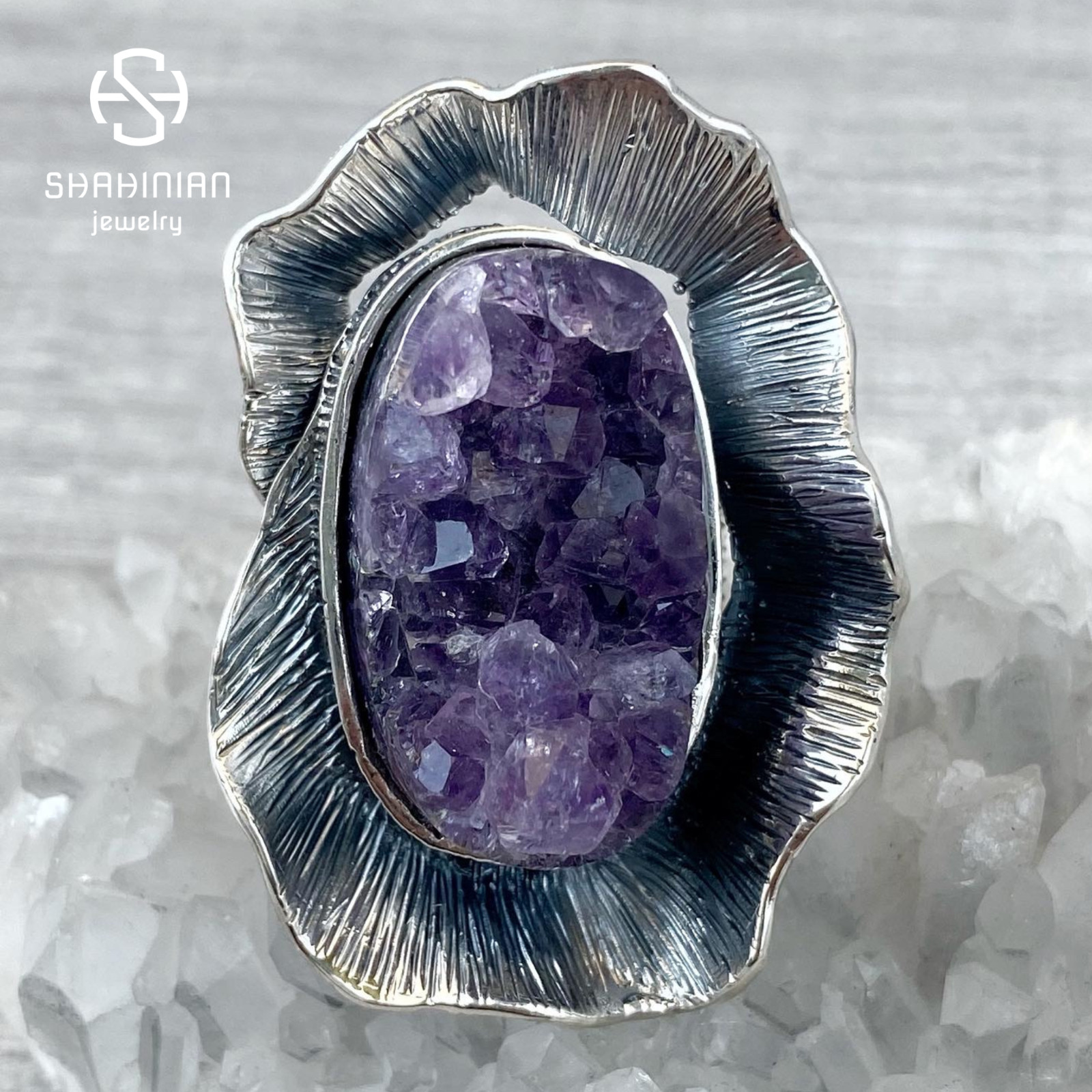 Big flower Raw Amethyst Ring Sterling Silver Purple Druzy large ring, Armenia