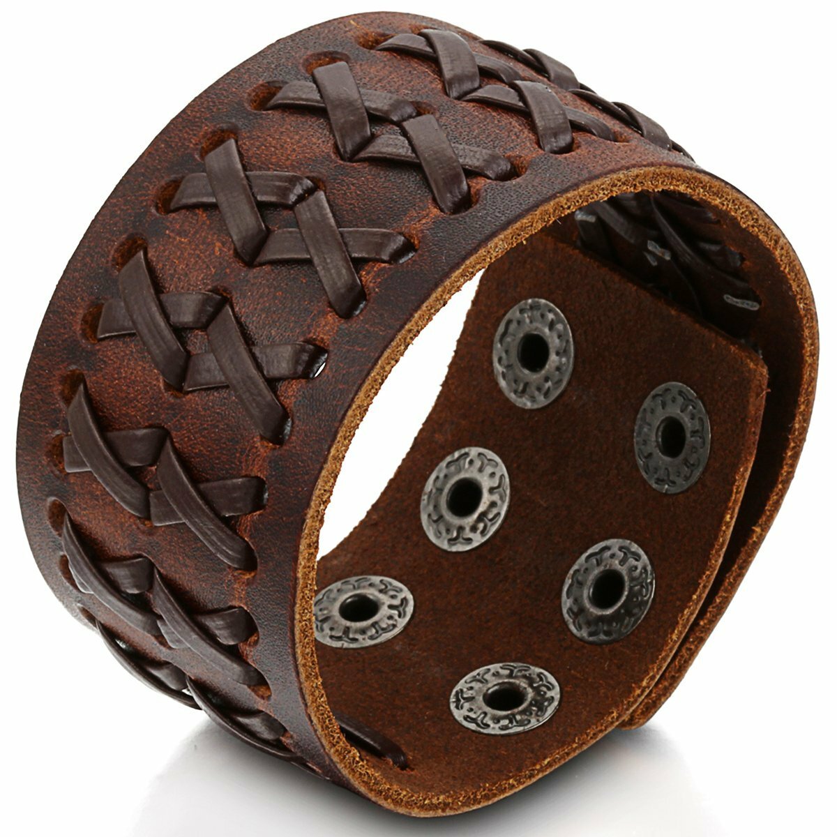 Punk Rock Wide Brown Leather Men’s Cuff Bangle Bracelet Adjustable Wristband