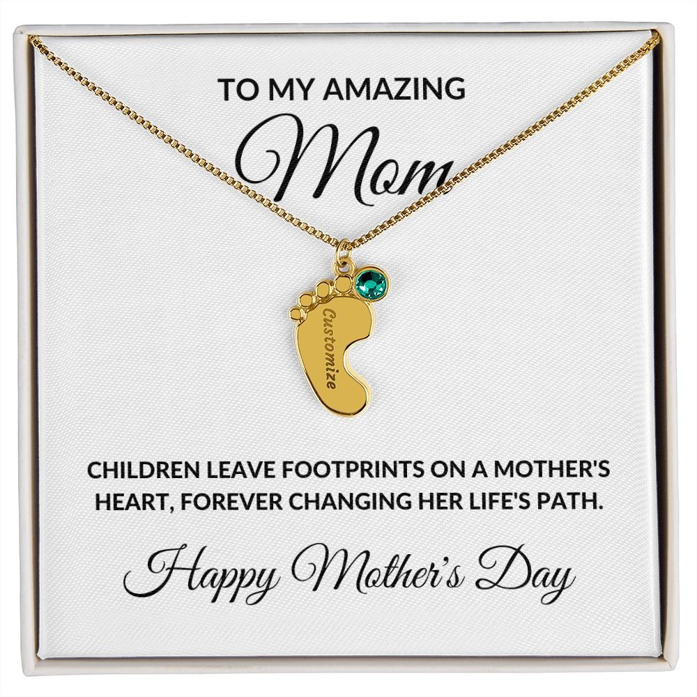 Mother’s Day Personalized Engraved Birthstone Necklace Baby Feet Gift for Mom