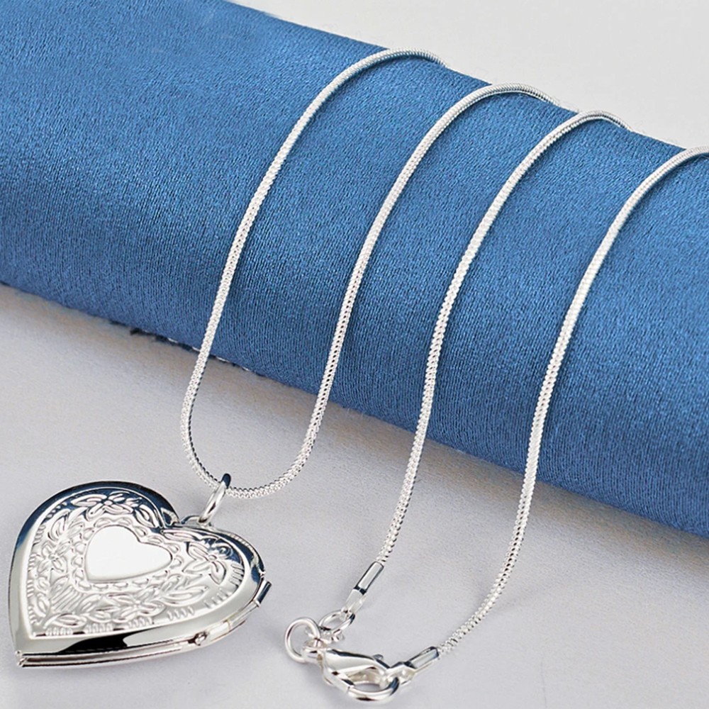 925 Sterling Silver Plated Heart Necklace, Locket Photo Picture Pendant 18″ N1