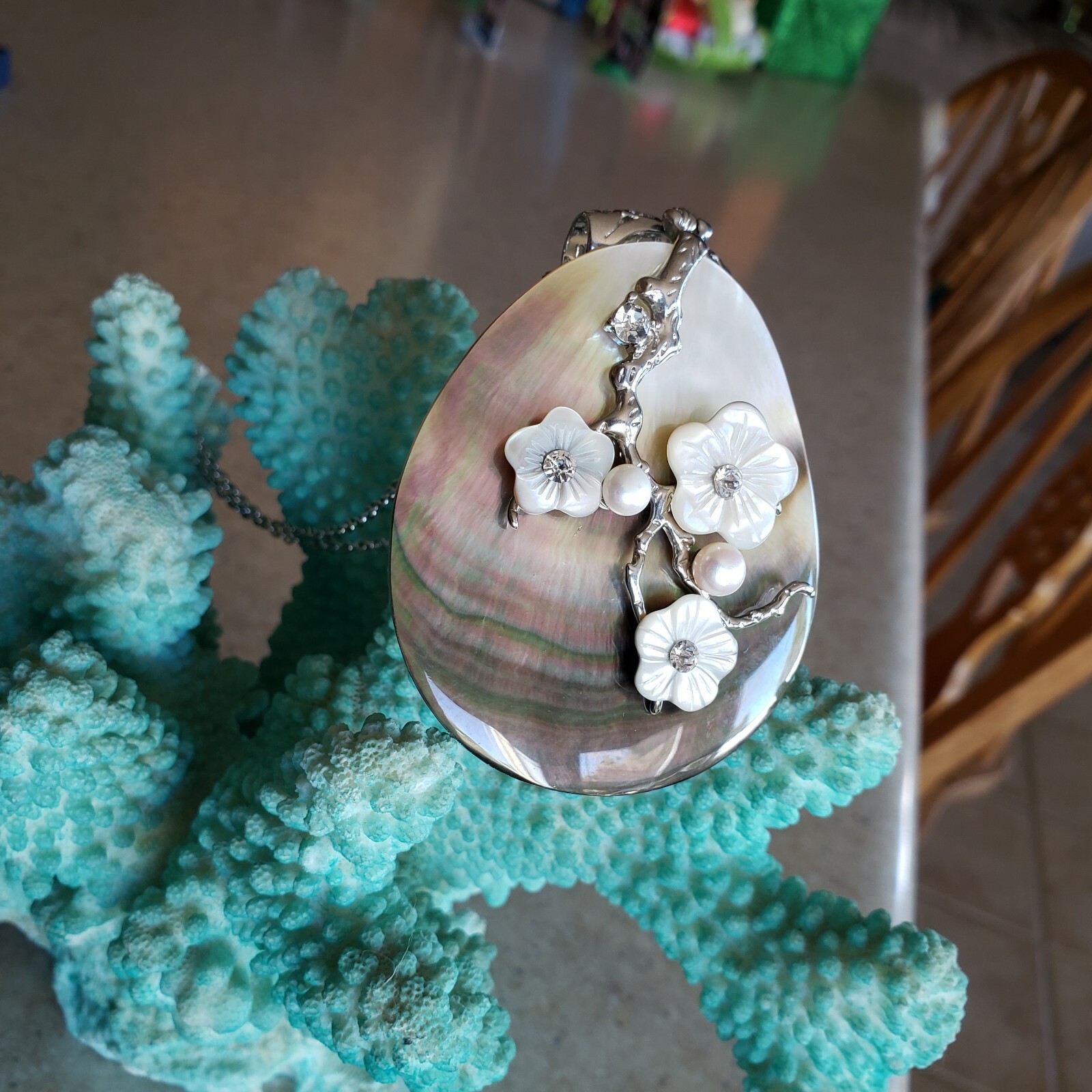 Abalone Shell Necklace Stunning, Faux Diamonds Flowers Pearls Coastal Jewelry