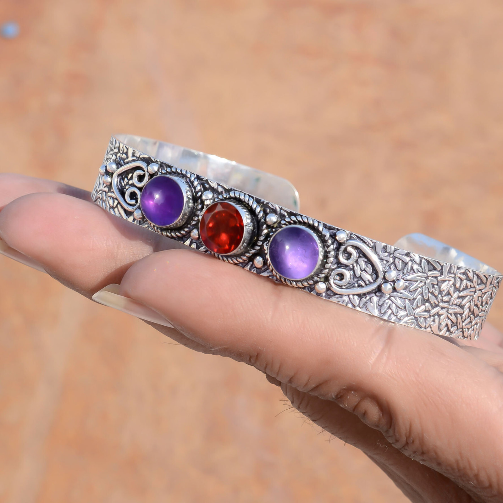 Amethyst & Red Garnet Cut Gemstone 925 Sterling Silver Bangle Girl’s Wear Cuff