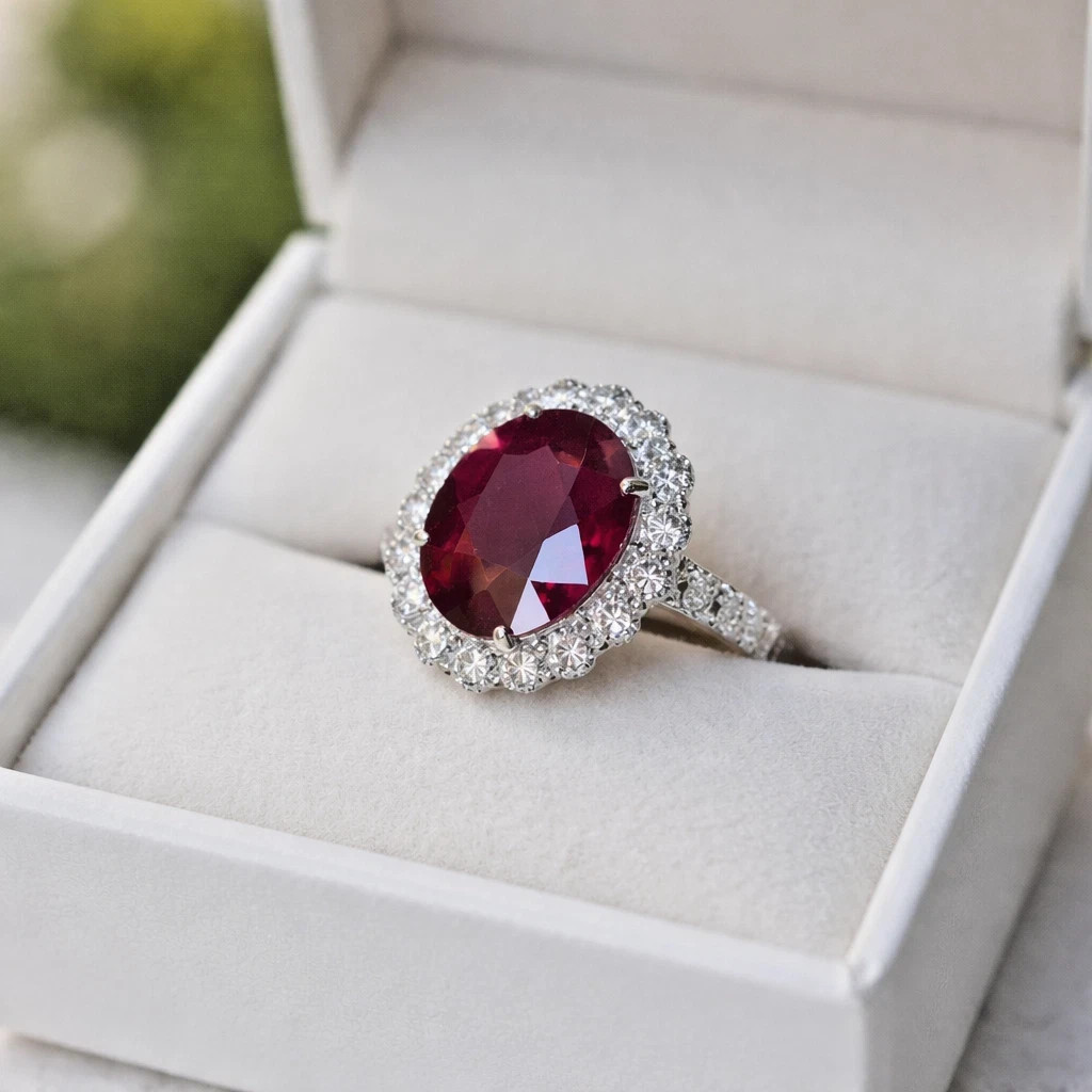 4.80 Ct Oval Cut Natural Ruby & Diamond Wedding Ring 14K White Gold