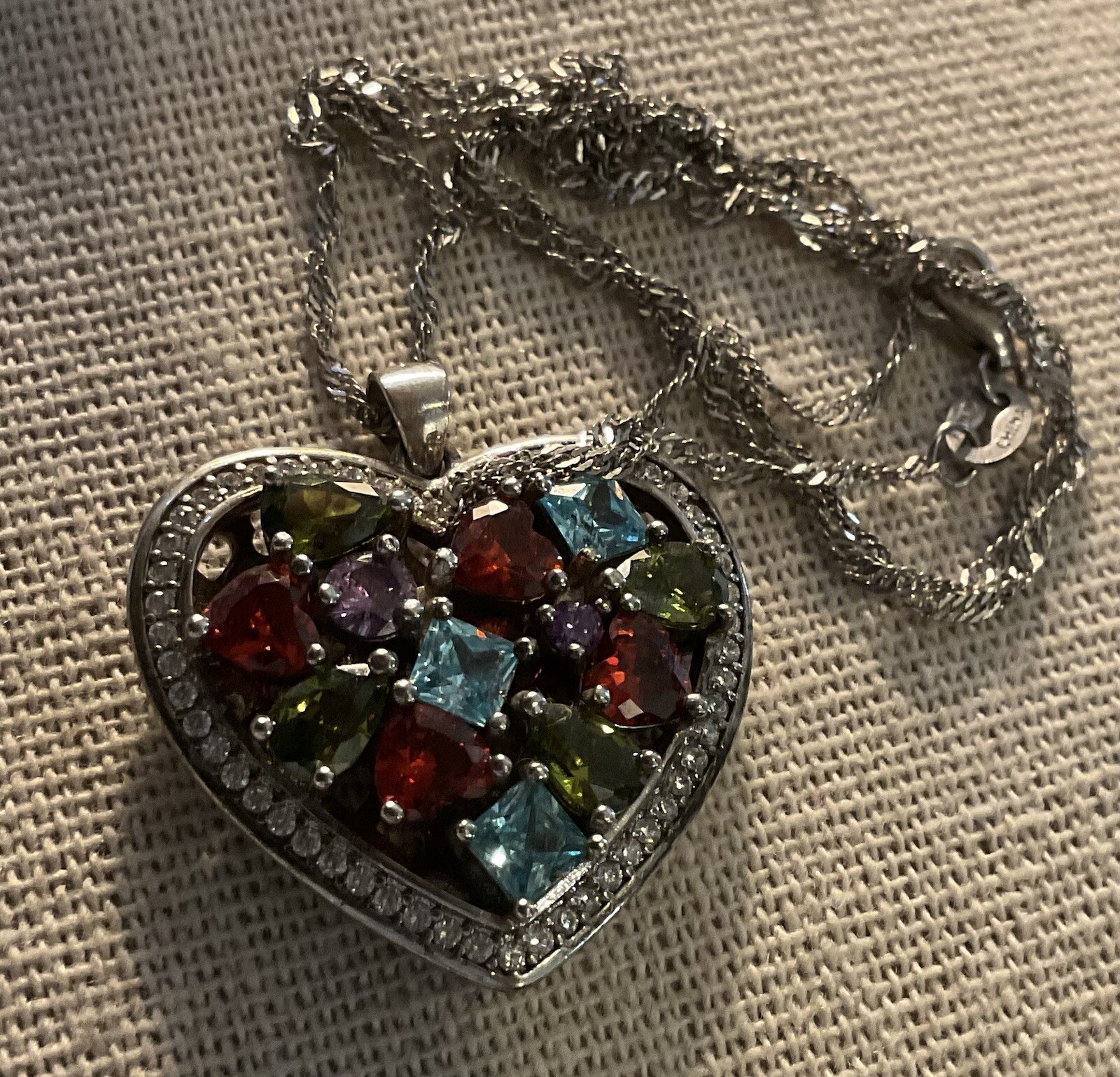 FZN FUZION CREATIONS sterling silver multi color cz Heart Necklace 17” large