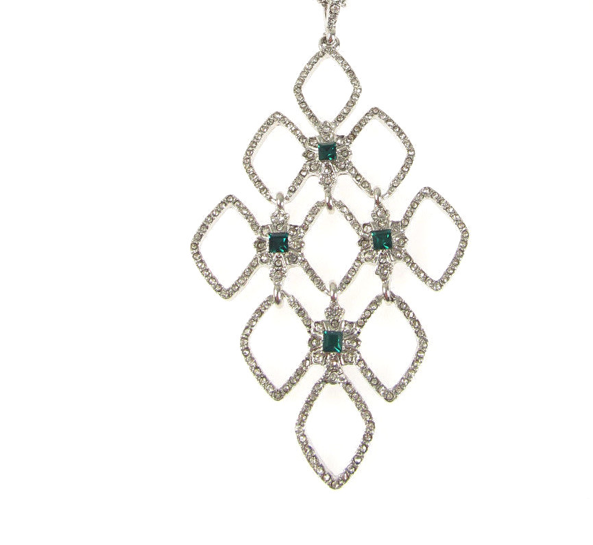 LAUREN Ralph Lauren Silver-Tone Pave Green Crystal Pendant Necklace 17″ + 2″ext