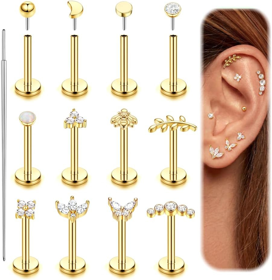 14K Gold Plated Threadless Flat Back Earrings for Women Men | 316L Surgical Stee