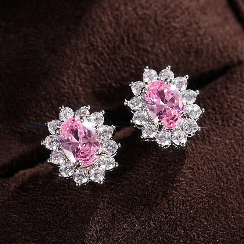 Oval CZ Stud Earrings Full Zircon Wedding Luxury Fashion Jewelry Women