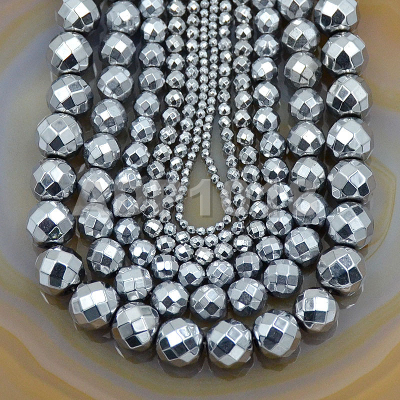 Hematite Silver Faceted Round Beads 16” 2mm 3mm 4mm 6mm 8mm 10mm