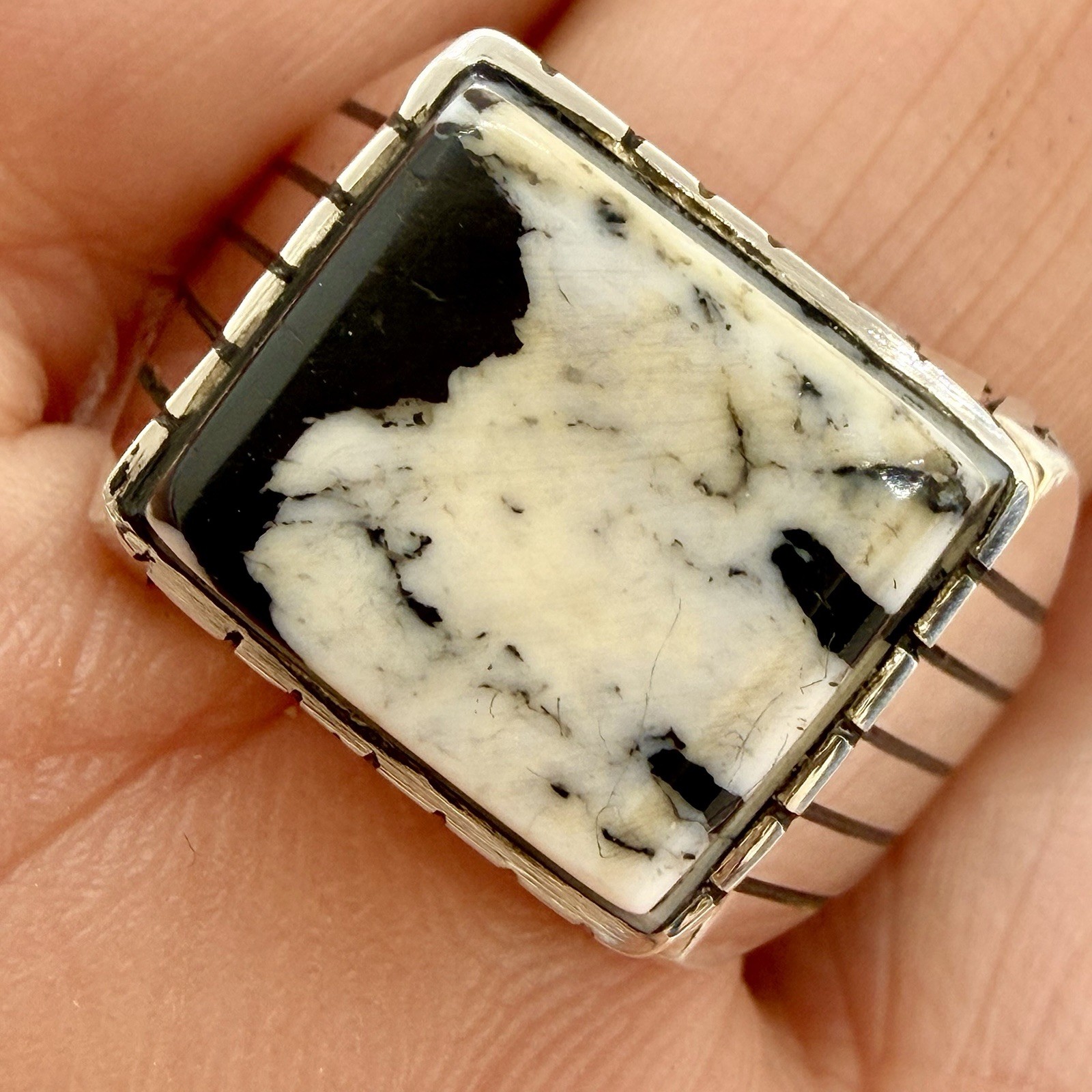 Navajo White Buffalo Turquoise Men’ Ring Sz 12 Sterling by Trevor Jack 10.2g