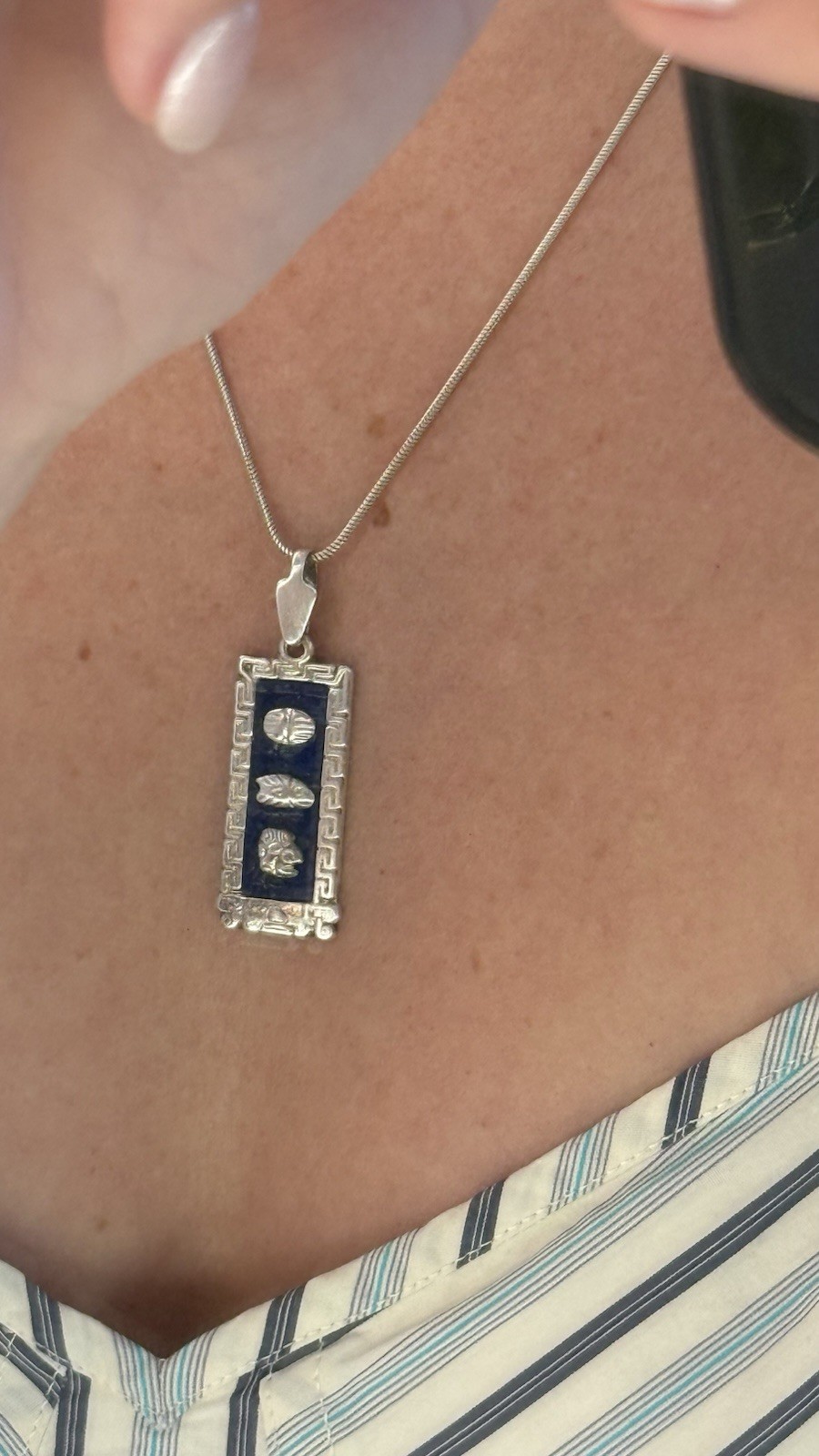 LAPIS Sterling 925 Lapis Lazuli Mayan Pendant Italian 925 Snake Chain Vintage