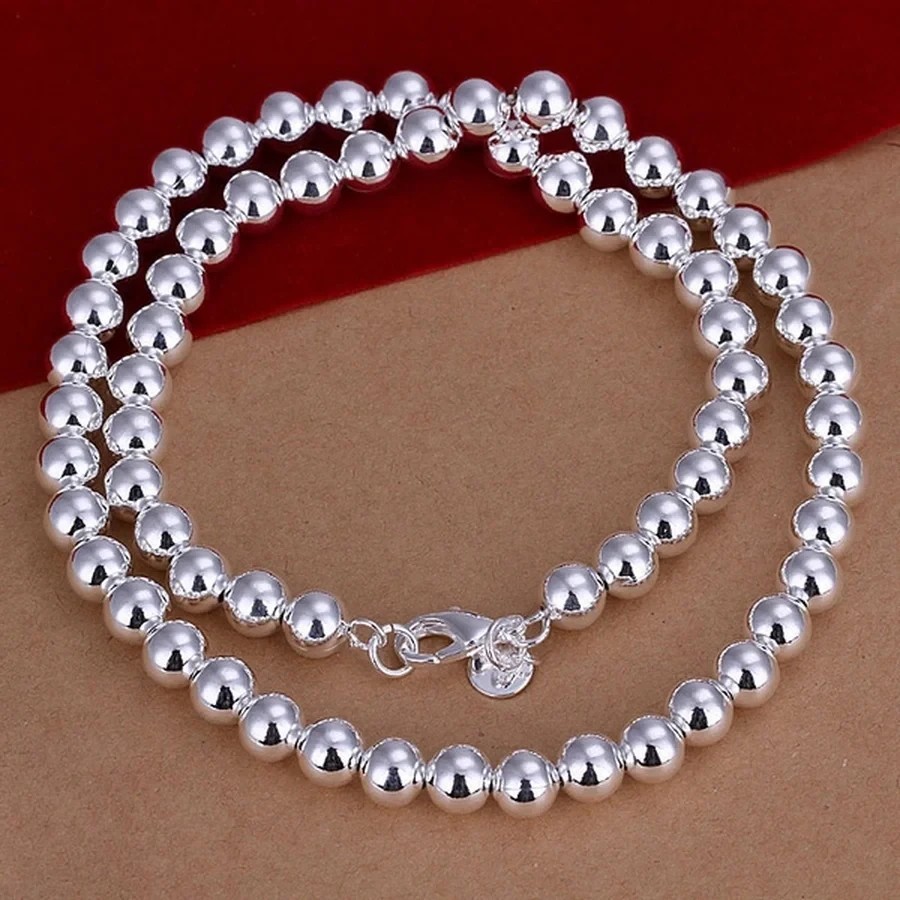925 Silver Plated Bead Chain Necklace 50cm Women Round Ball Choker Gift Jewelry