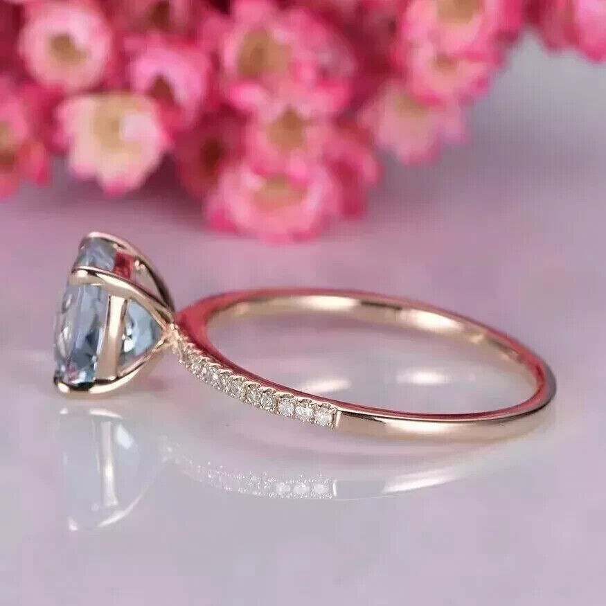 1Ct Cushion Cut Aquamarine Diamond Engagement Ring 14K Rose Gold Plated