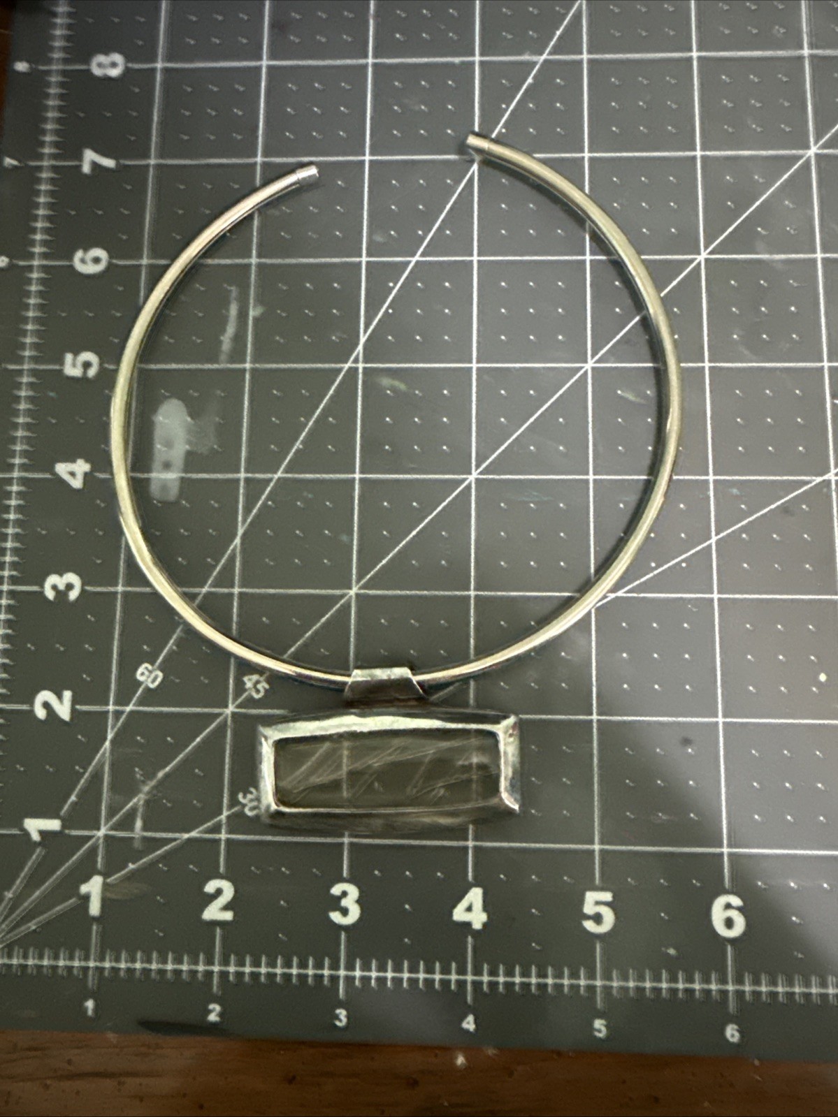 Torc Necklace Silver Toned 7 Inches. Pendant Has Silver Toned Bars Glass